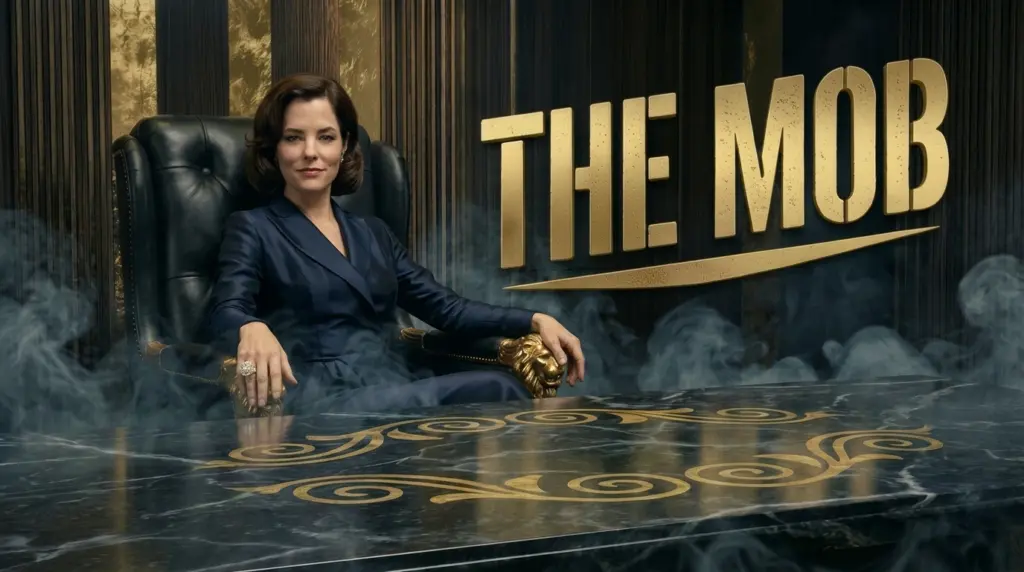 Parker Posey seated beside The Mob gold title